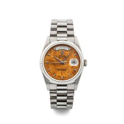Daydate Ref 18239 Oro Bianco 18k Quadrante in Radica con Garanzia Originale, Circa 1997