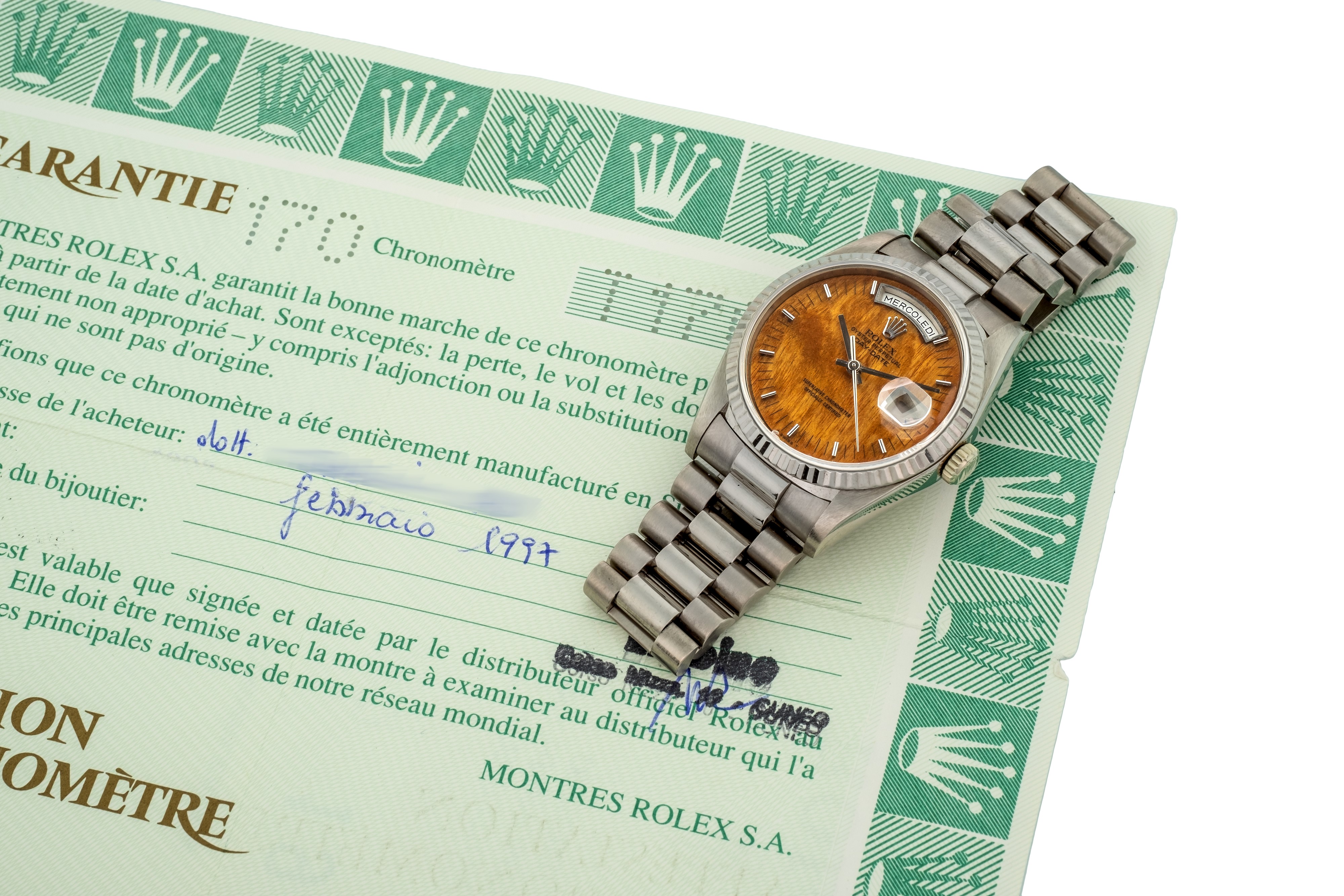 Rolex - Daydate Ref 18239 Oro Bianco 18k Quadrante in Radica con Garanzia Originale, Circa 1997