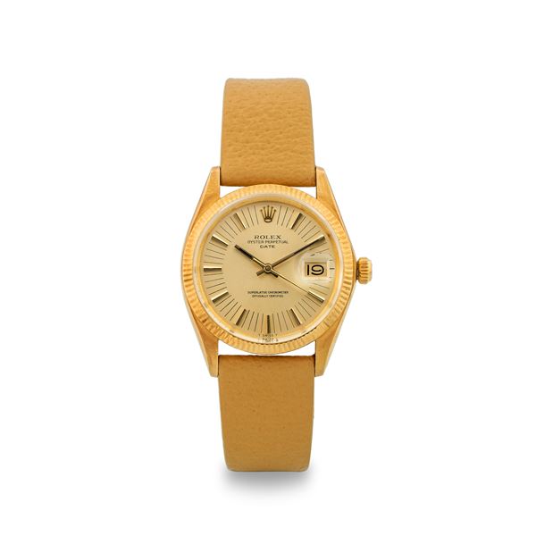 Rolex - Oyster Perpetual Date ref 1503 in 18k yellow gold, ‘Radial’ dial with original box and guarantee, circa 1973