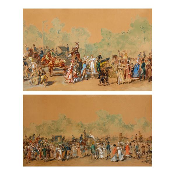 Due acquerelli raffiguranti corteo. XIX secolo