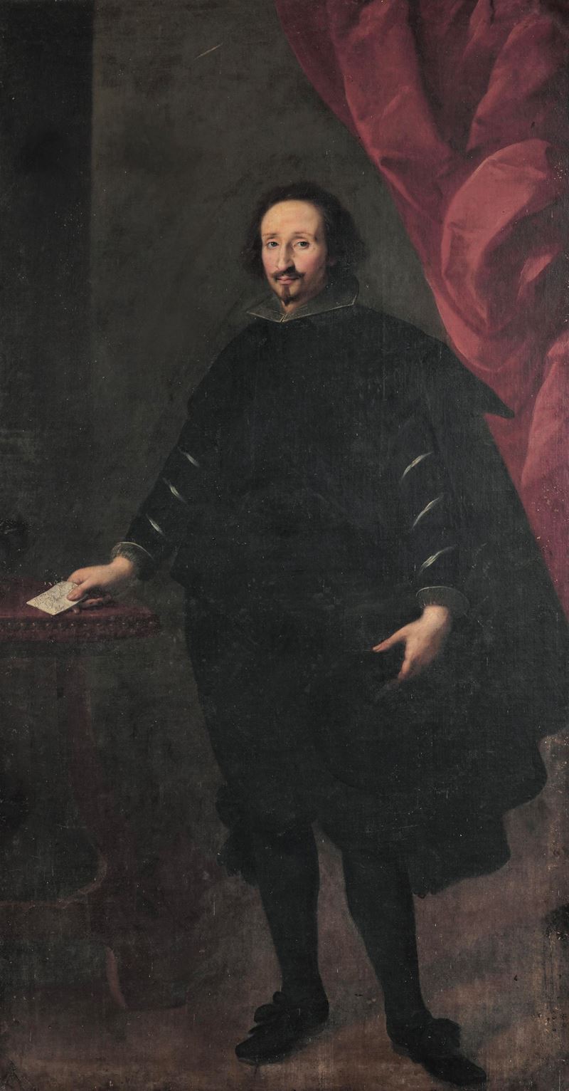 Carlo Francesco Nuvolone : Ritratto a figura intera di gentiluomo con lettera  - olio su tela - Asta Old Masters - II - Cambi Casa d'Aste