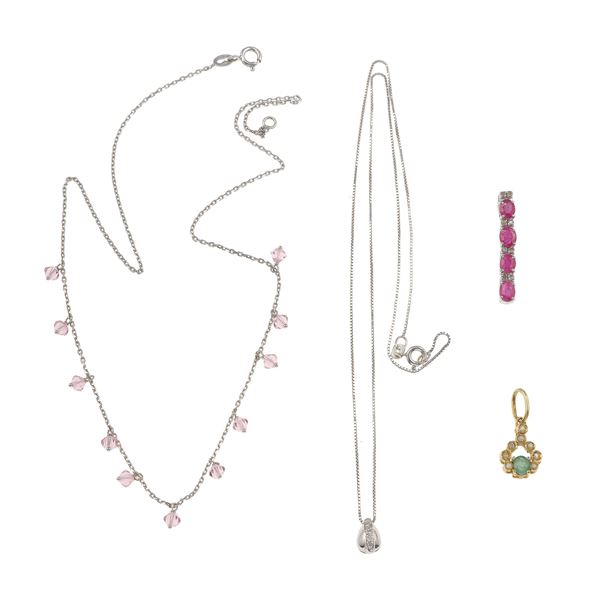 Two paste and diamond necklaces and two diamond, emerald and synthetic ruby pendants