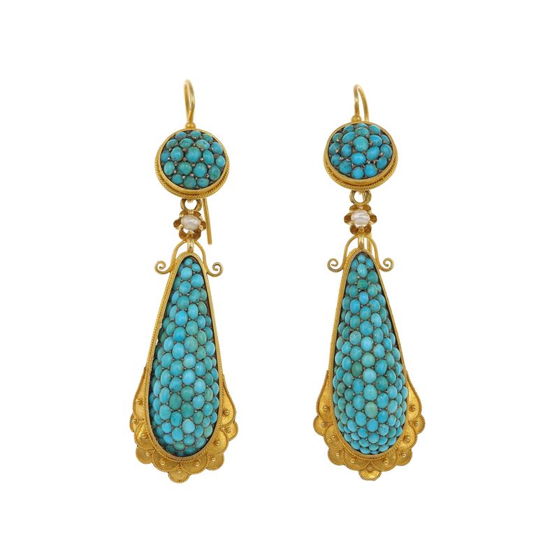 Pair of tourquoise, pearl and gold earrings  - Auction Fine Jewellery - Cambi Casa d'Aste