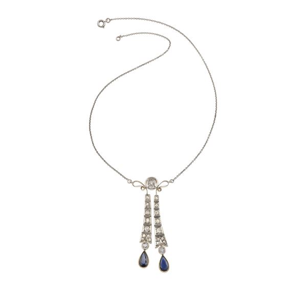 Sapphire, old-cut diamond, rose-cut diamond, gold and silver pendent necklace