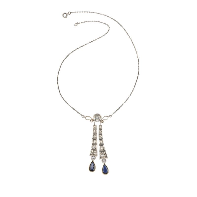 Sapphire, old-cut diamond, rose-cut diamond, gold and silver pendent necklace  - Auction Jewels - Cambi Casa d'Aste