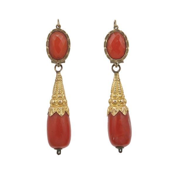 Pair of coral, gold and low-karat gold earrings