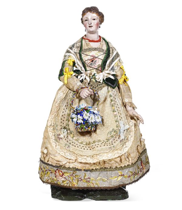 Arte presepiale napoletana del XVIII secolo Giovane villana ricca con cestino di fiori