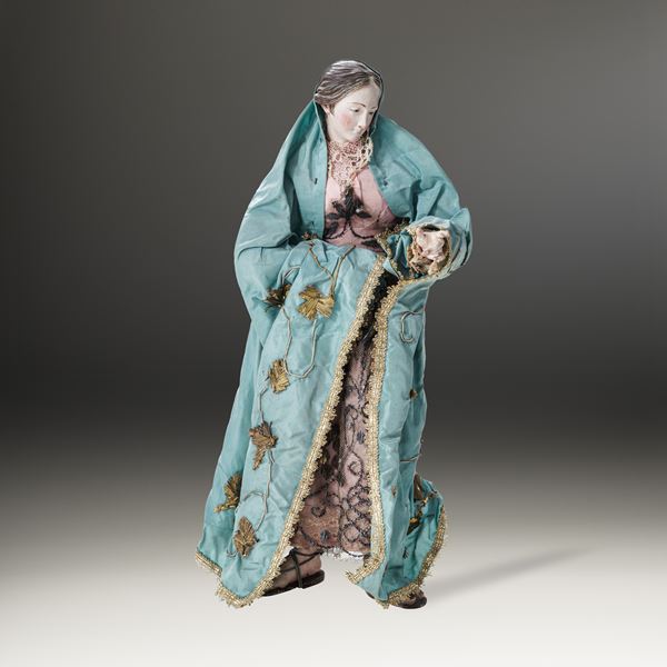 Arte presepiale napoletana del XIX secolo Madonna con veste rosa e mantello azzurro