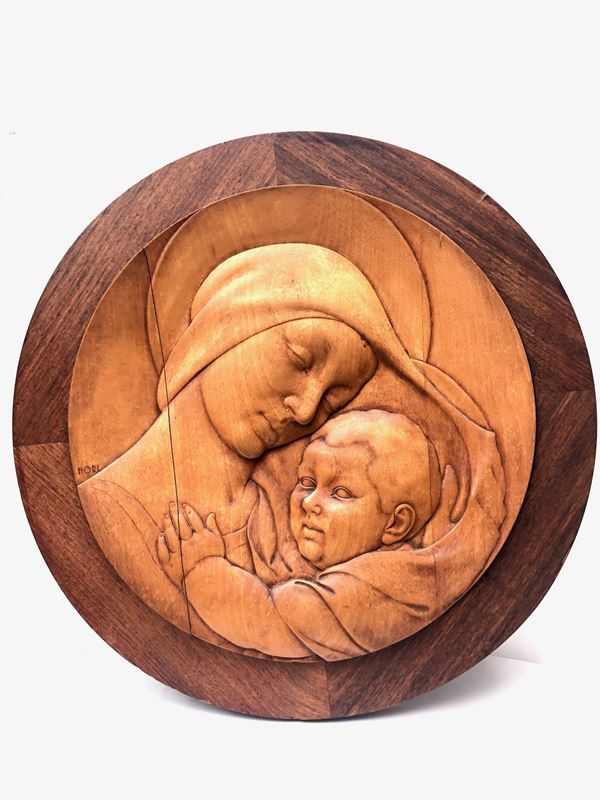GIUSEPPE NORI (Torino XX sec) BASSORILIEVO LIGNEO, 1940 ca. etichetta Mostra Angelicum 1946