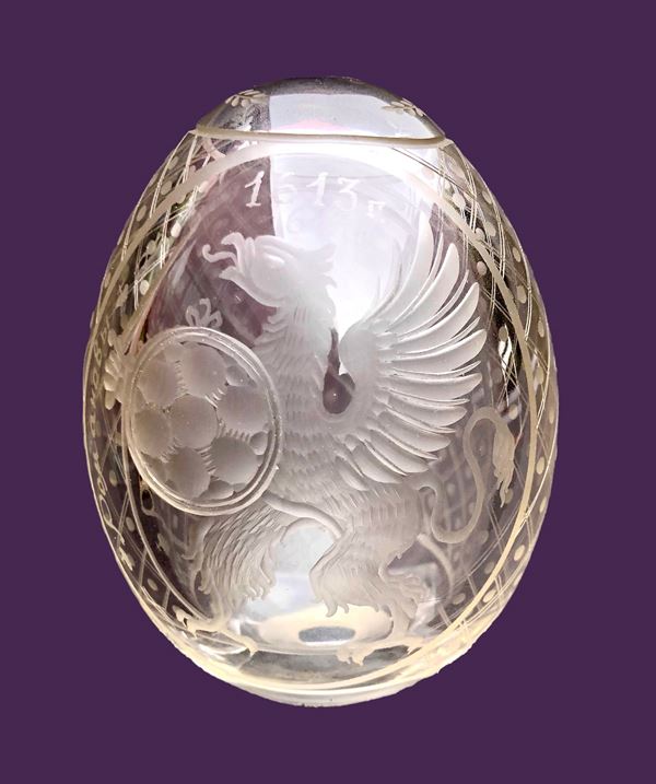 UOVO INCISO ALLA MOLA CON AQUILA RAMPANTE DATA E DEDICA AI ROMANOF, RUSSIA, XX SECOLO