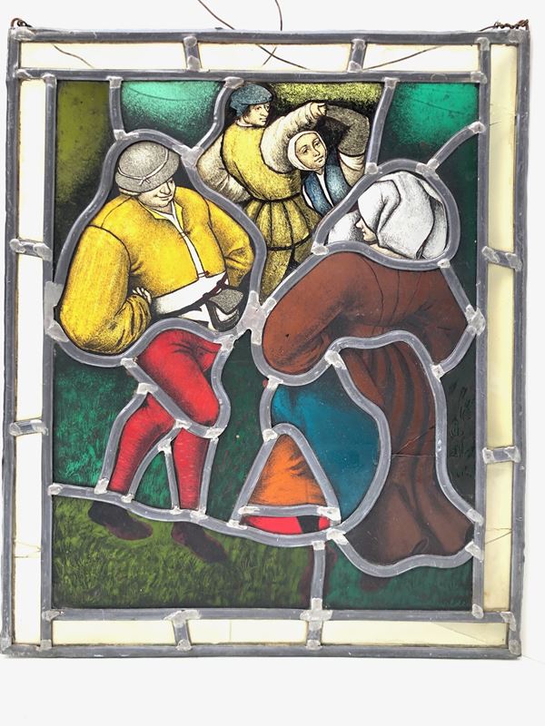 DA BRUGHEL IL VECCHIO, PICCOLA VETRATA DIPINTA E PIOMBATA