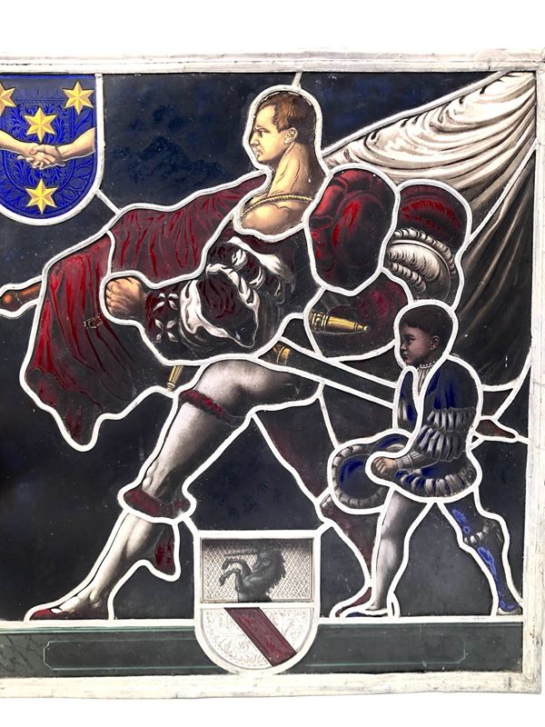 VETRATA DIPINTA E PIOMBATA MONOGRAMMATA E DATATA 1928