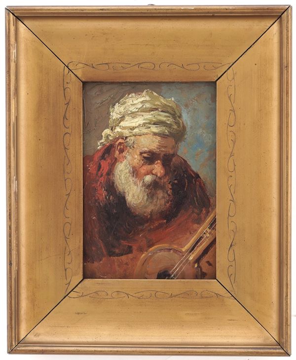 PITTORE ORIENTALISTA, ANZIANO CON TURBANTE E CHITARRA