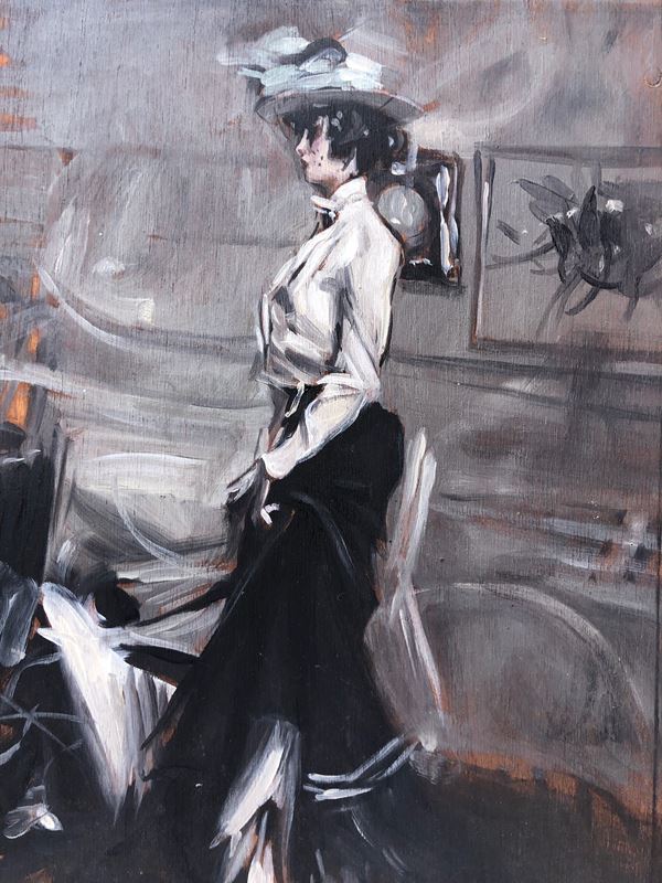 PITTORE DEL XX SECOLO, GIOVANE DONNA CON CAPPELLINO E VELETTA