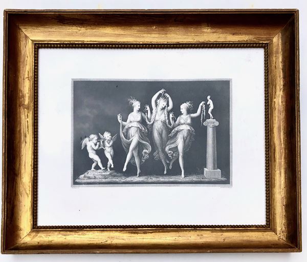 DA ANTONIO CANOVA (1757-1822) GRANDE STAMPA, IN CORNICE DELL’800 Al suono di due eroti tre fanciulle danzano davanti a una statuetta di Venere