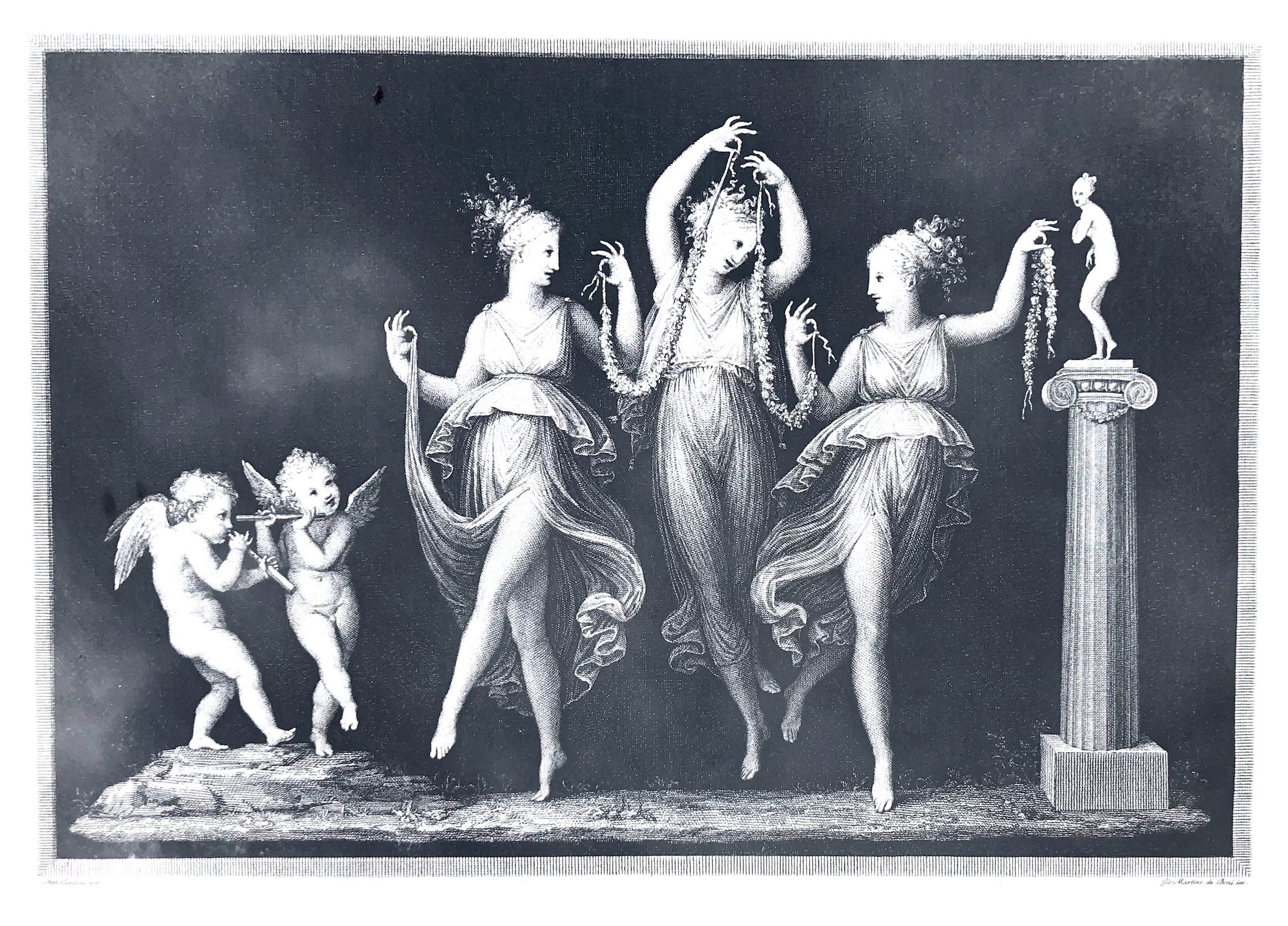 Da Antonio Canova (1757-1822) Grande Stampa, in Cornice Dell’800 al Suono di Due Eroti Tre Fanciu...