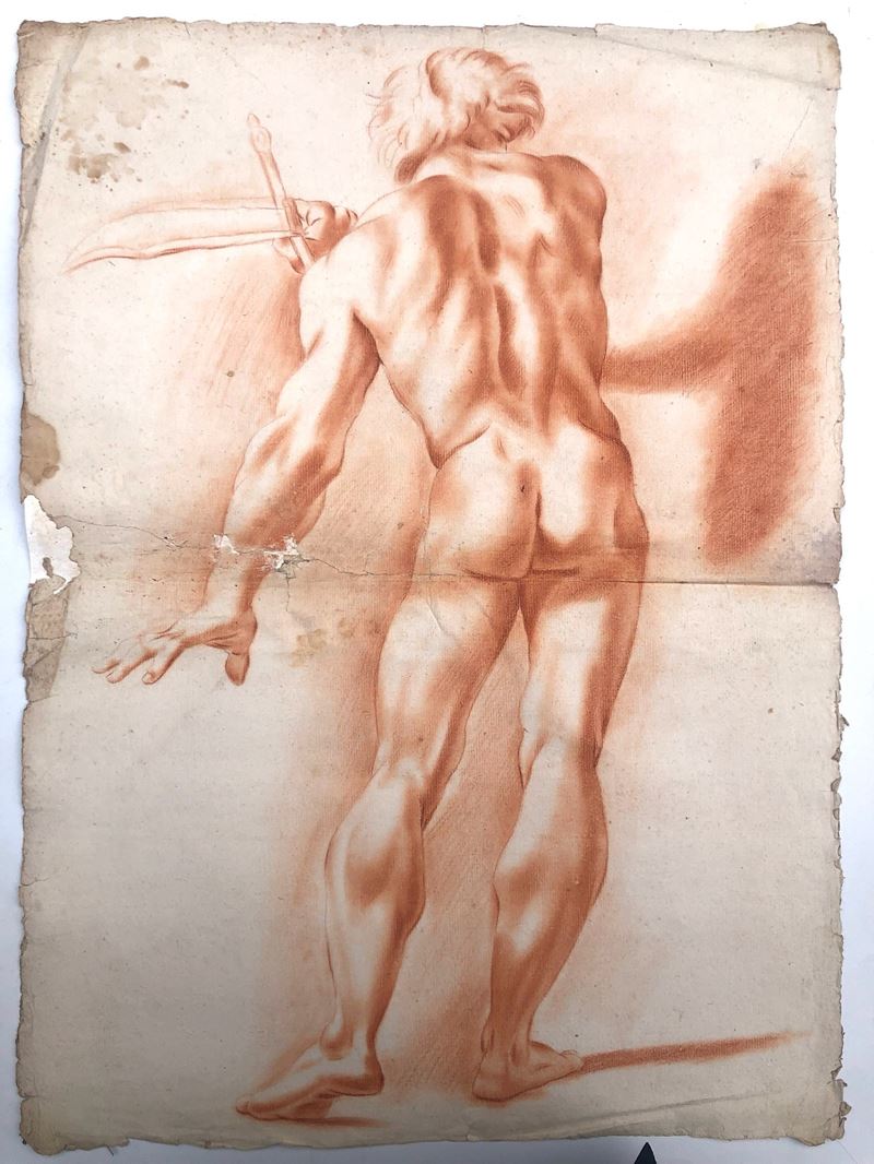 GRANDE SANGUIGNA NEOCLASSICA, NUDO MASCHILE DI SCHIENA  - sanguigna su carta vergellata - Asta Art & Trouvailles. Oltre 200 lotti ad offerta libera - Cambi Casa d'Aste