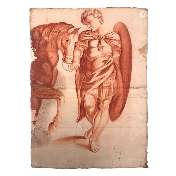 GRANDE SANGUIGNA NEOCLASSICA, CAVALIERE ALL’ANTICA CON SCUDO E CAVALLO