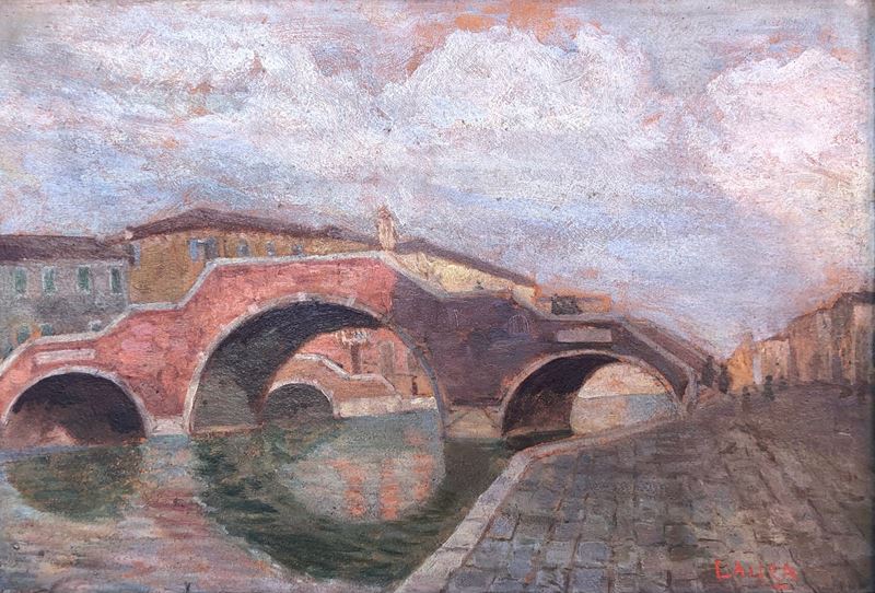 VENEZIA PONTE DEI TRE ARCHI PRIMI DECENNI DEL 900  - Olio su cartone - Auction Art and Trouvailles. Over 200 free-bid lots - Cambi Casa d'Aste