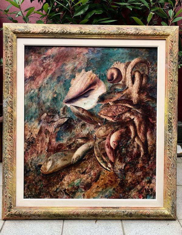 MORNASCO (Milano 1954), ITTIODRAMMA. GRANDE OLIO SU TELA