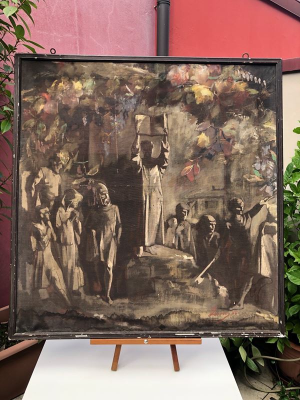 SOGGETTO STORICO (GIURAMENTO DI PONTIDA?), 1889, tecnica mista su tela, cm 95 x 99 cornice inclusa