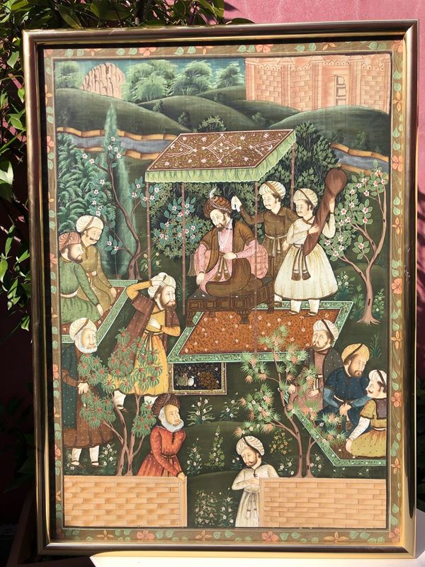 GRANDE PANNELLO DIPINTO CON MARAJA E DIGNITARI