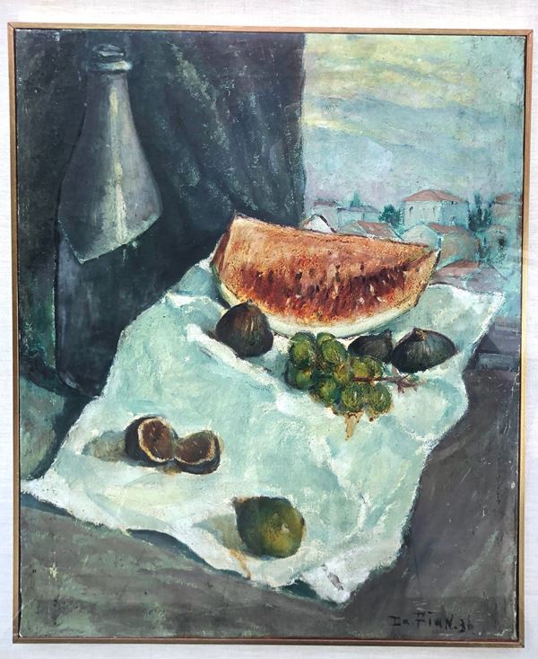 NATURA MORTA CON FRUTTA E PAESAGGIO 1936. OLIO SU TELA