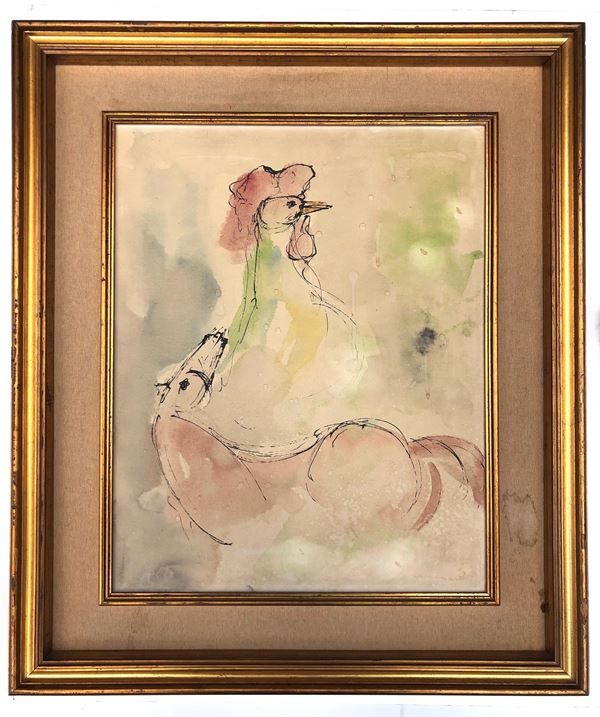 BRUNO CASSINARI ,CAVALLO E GALLETTO, TECNICA MISTA, tecnica mista su tela, cm 40 x 50