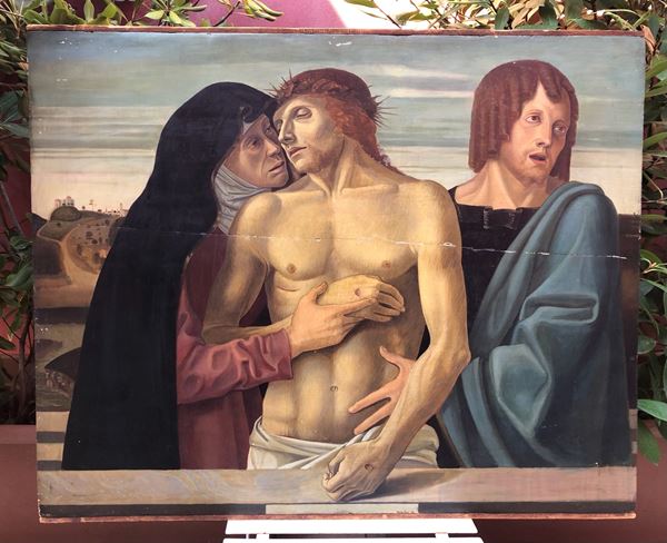 GIOVANNI BELLINI (1427 ca -1516) TARDO SEGUACE, PIETÁ, olio su tavola, cm 99,5 x 79