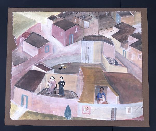 ANONIMO, 1950 ca. VEDUTA CON CASE E FIGURE MULIEBRI