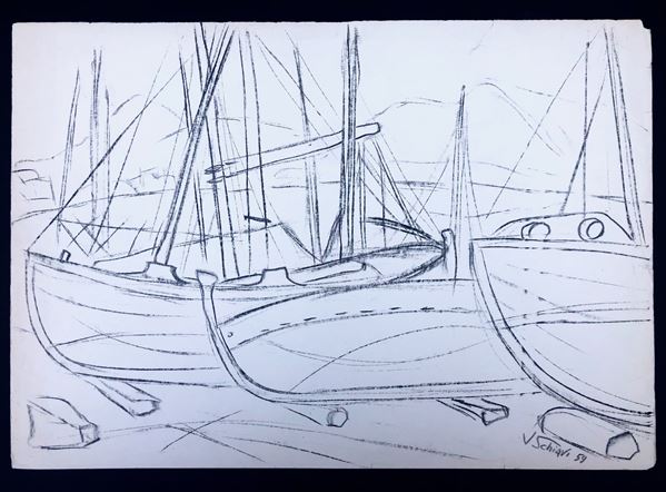 JOLANDA SCHIAVI, UN DISEGNO DI 1959 E NUMEROSI OPUSCOLI SULLE SUE MOSTRE,  cm 50 x 35