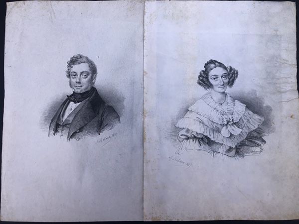 FELIX ROBANT (1799 -?) COPPIA DI RITRATTI SU PERGAMENA, 1839, cm 20 x 28,7