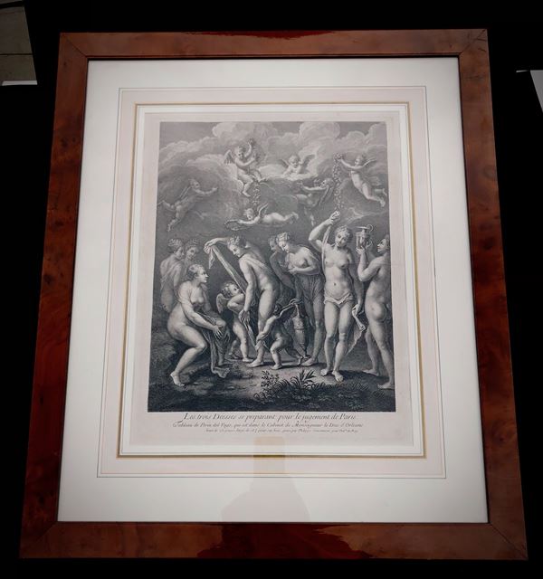 PHIILIPPE SIMONNEAU (1685-1753) GRANDE INCISIONE, Le tre dee si preparano al giudizio di Paride, 1729