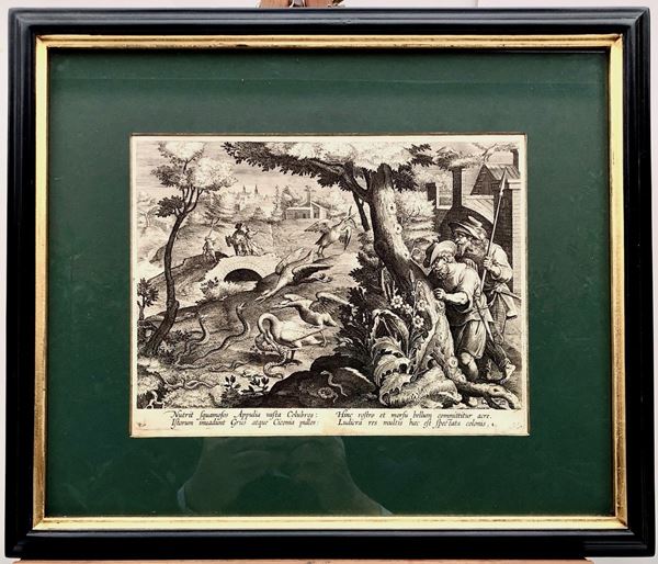 J.STRADANUS (Bruges 1523 - Firenze 1605) (DA), GRU A CACCIA DI SERPENTI A CRETA, Misure: lastra 26,4 x 19,6: cornice 43,8 x 37,4