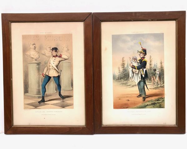 DRANIER: “TIPES MILITAIRES” COPPIA DI LITO ACQUARELLATE. CIRCA 1865, Misure cornici cm 42 x 29