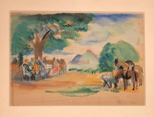 GIORGIO GYORE (1902 -1942), SCENA CAMPESTRE, 1921, cm 23,5 x 16