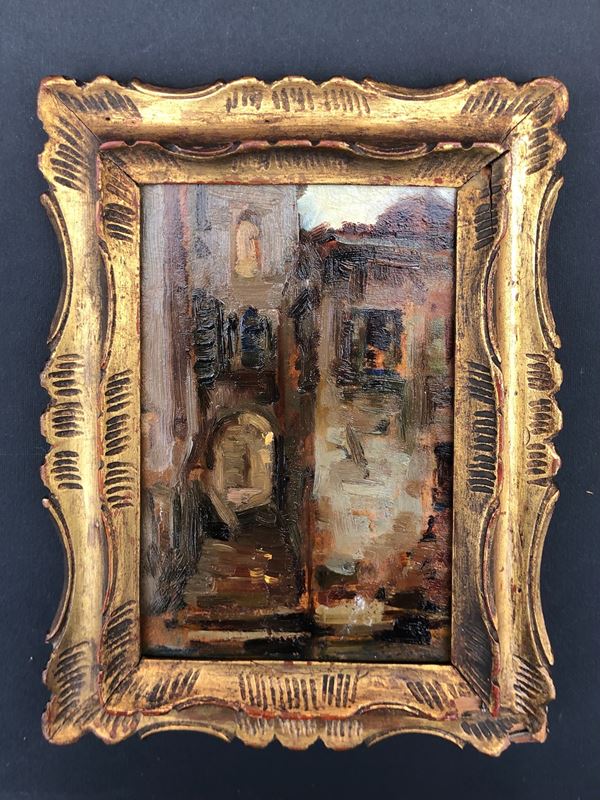 ANONIMO XIX-XX SECOLO, SCORCIO VENEZIANO, Olio su cartone,  cm 11 x 16,5