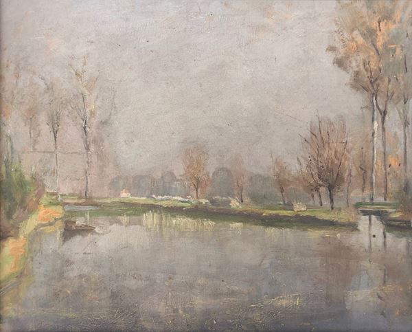 PULITI, Paludi lombarde, 1935, 2 DIPINTI, olio su compensato, Cm 39 x 31 e cm 37 x 22,5