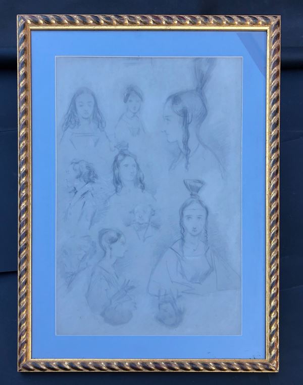 PITTORE DEL XIX SECOLO, 11 STUDI SU UN UNICO GRANDE FOGLIO, disegno cm 52,5 x 35,5. cornice cm 67 x 49