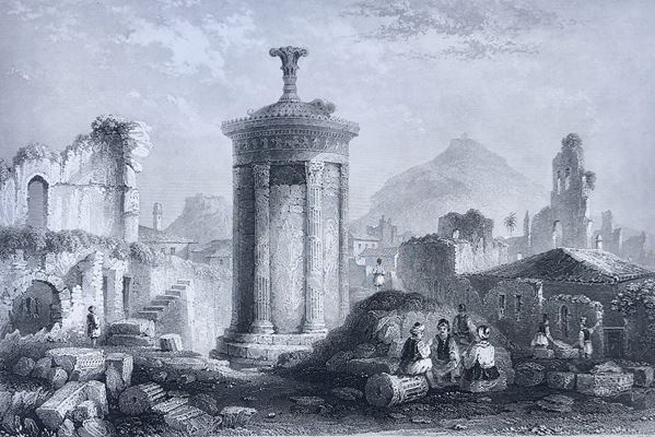 4 STAMPE DEL XIX SECOLO CON SOGGETTI ARCHEOLOGICI, La più grande cm 34 x 25