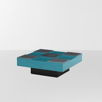 Tavolo basso in legno laccato, legno laminato e alluminio