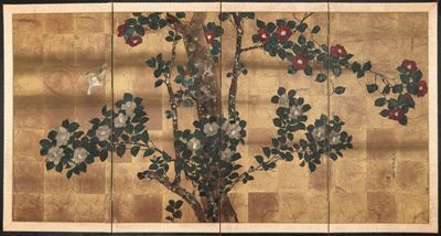 Paravento a Quattro Ante Raffigurante Albero con Fiori e Iscrizioni, Giappone, Periodo Meiji (186...