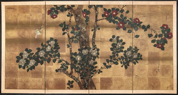 Four-panel screen depicting tree with flowers and inscriptions, Japan, Meiji period (1868-1912)