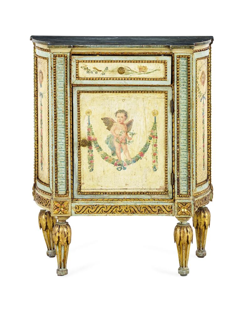 Piccolo mobile scantonato Luigi XVI in legno laccato e dorato. XVIII-XIX secolo  - Auction Italian Residences - Cambi Casa d'Aste