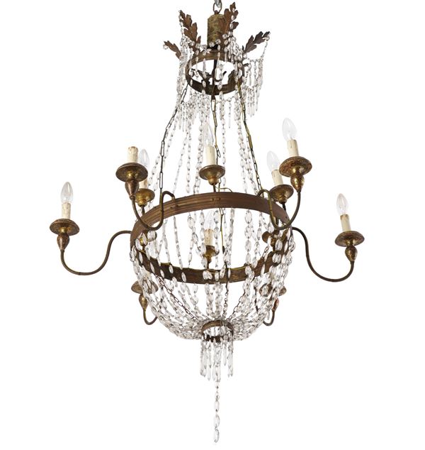 Lamparario a mongolfiera in metallo e vetro. XIX secolo