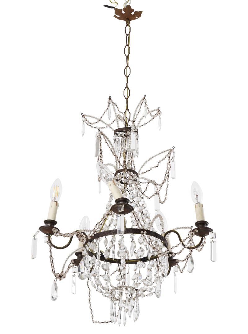 Lampadario a mongolfiera in metallo e vetro. XIX secolo  - Auction Antiquariato - Cambi Casa d'Aste