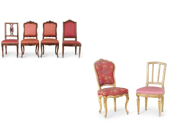 Lotto di sei sedie diverse in legno. XVIII-XIX secolo