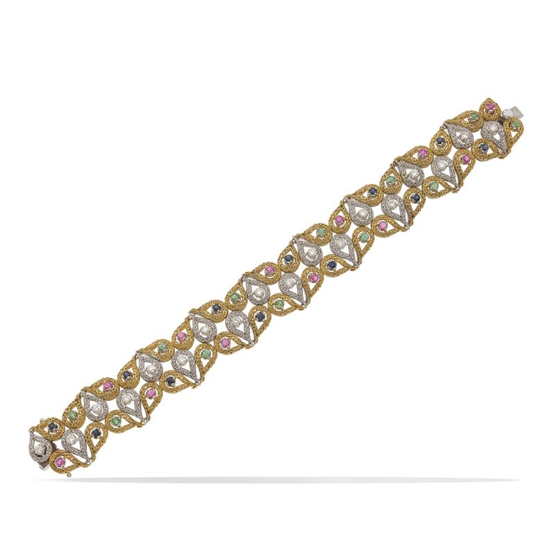 Diamond, sapphire, emerald, ruby and gold bracelet  - Auction Fine Jewellery - Cambi Casa d'Aste
