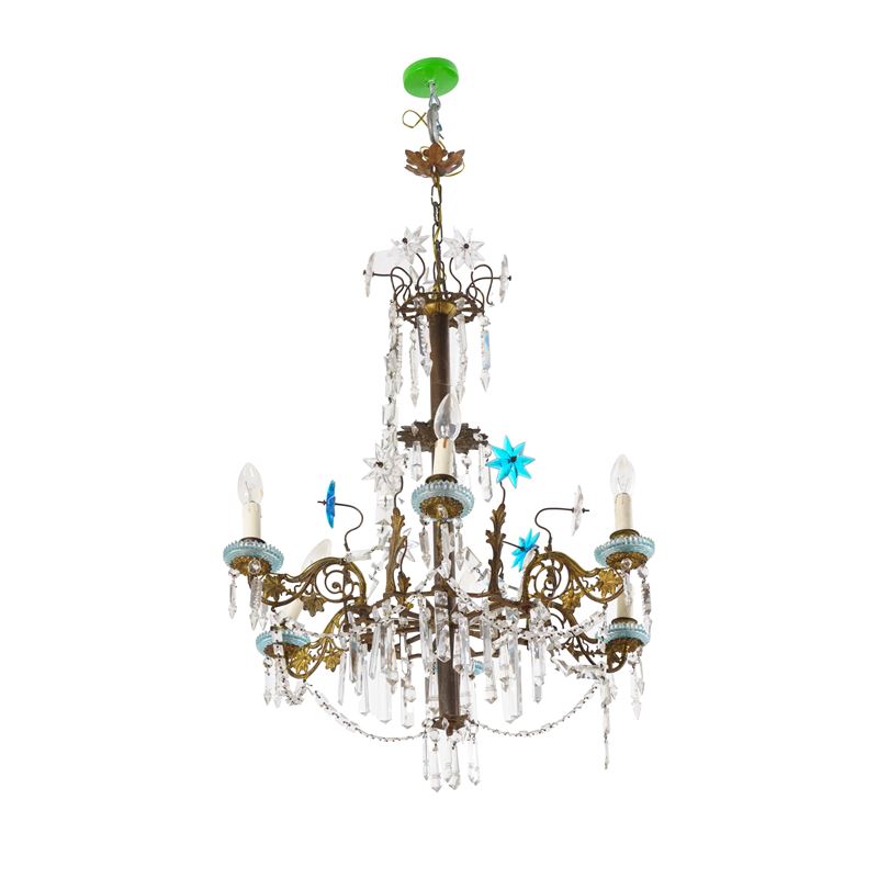 Lampadario in metallo dorato e vetro a sei luci. Inizio XX secolo  - Auction Antiques - Cambi Casa d'Aste