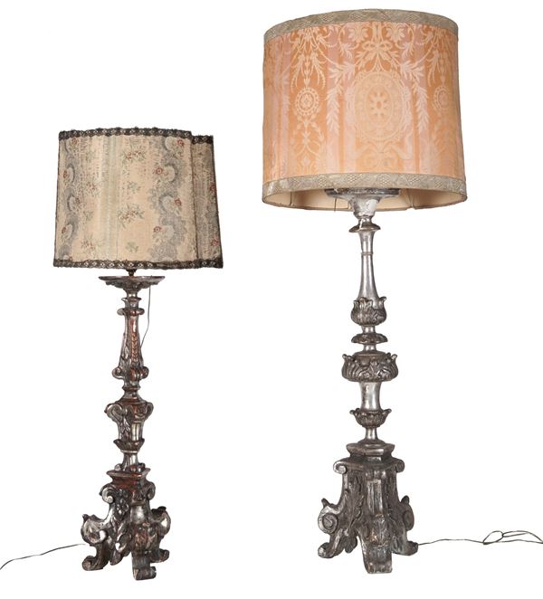 Due portaceri in legno scolpito e argentato. XVIII-XIX secolo